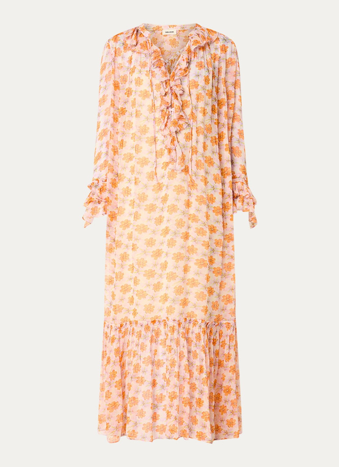 Zadig&Voltaire Ralicel maxi tuniekjurk met bloemenprint en ruches - voorkant oranje