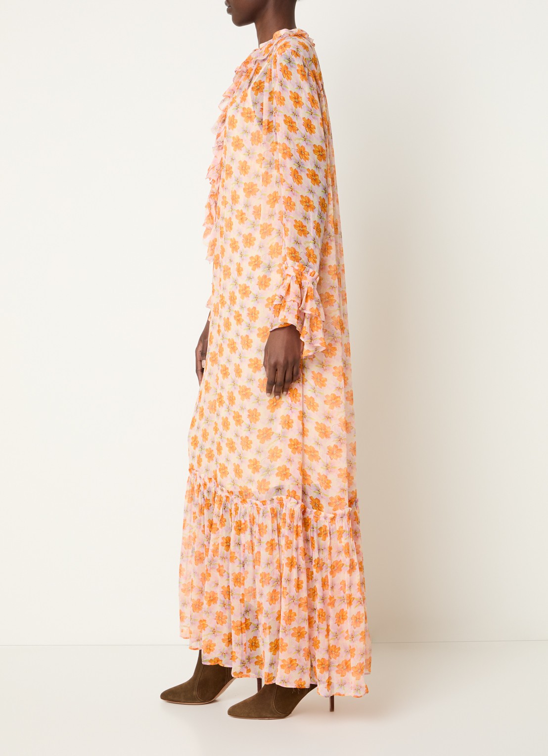 Zadig&Voltaire Ralicel maxi tuniekjurk met bloemenprint en ruches - voorkant 2 oranje