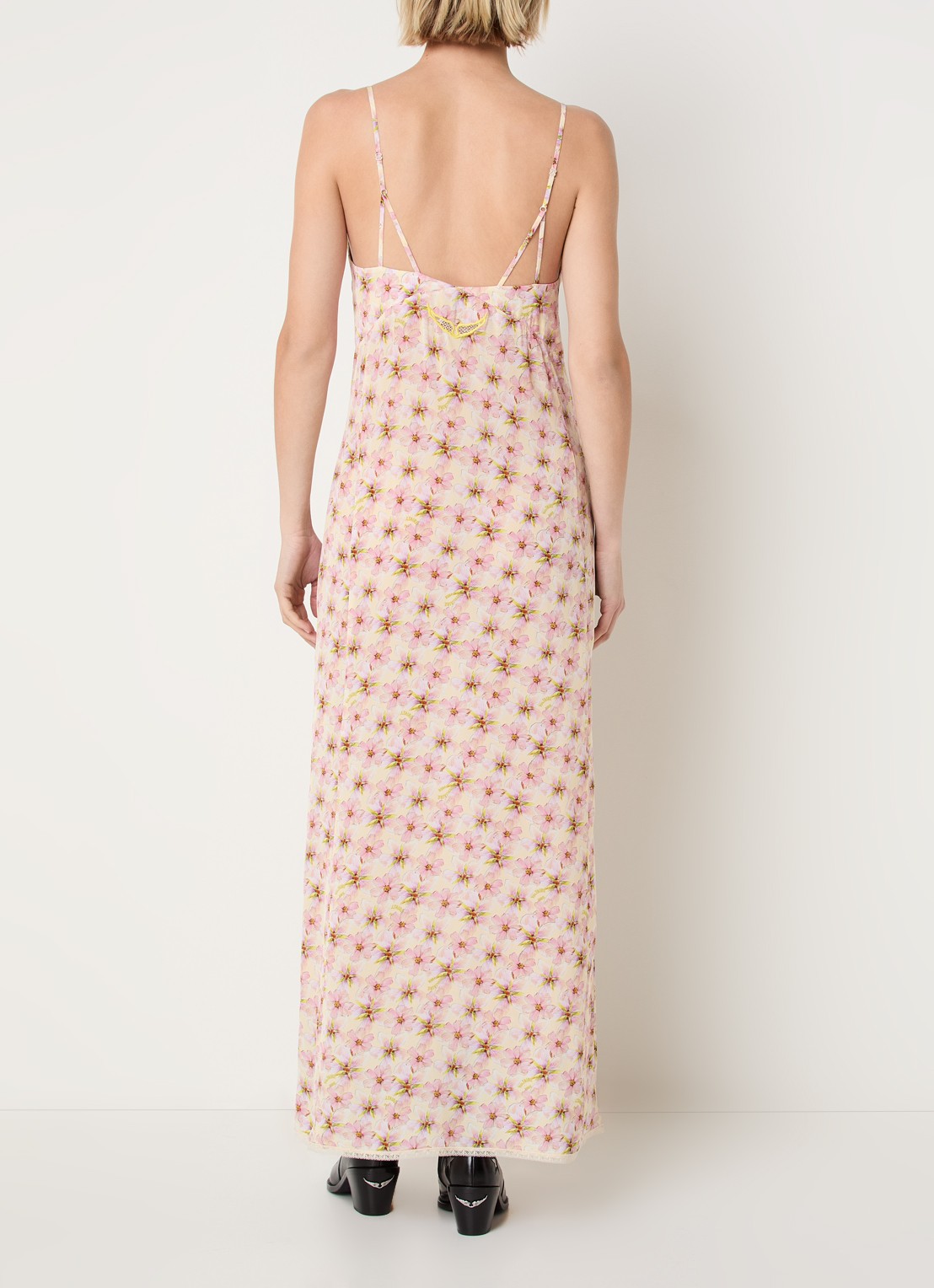 Zadig&Voltaire Ramelil maxi jurk met bloemenprint en details van kant - achterkant roze