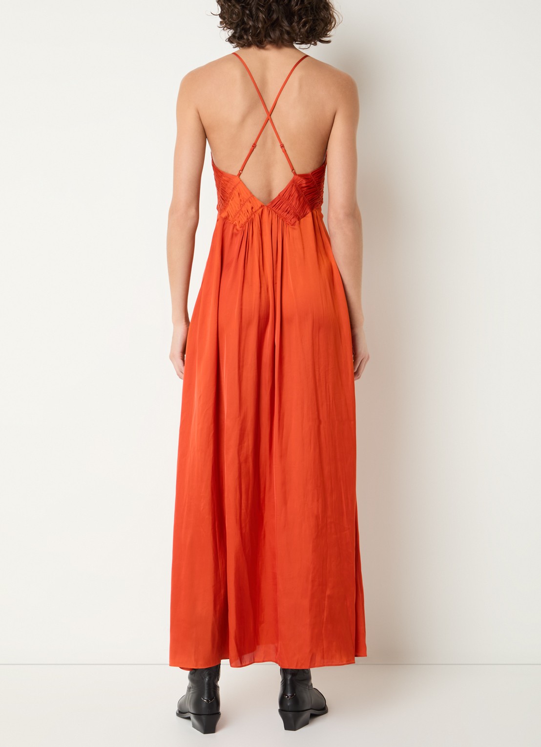 Zadig&Voltaire Rayonne maxi jurk van satijn met smockwerk - voorkant 3 oranje