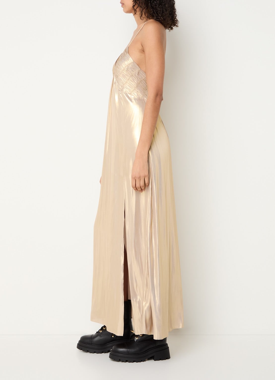 Zadig&Voltaire Rayonne maxi jurk van satijn met split - voorkant 2 goud