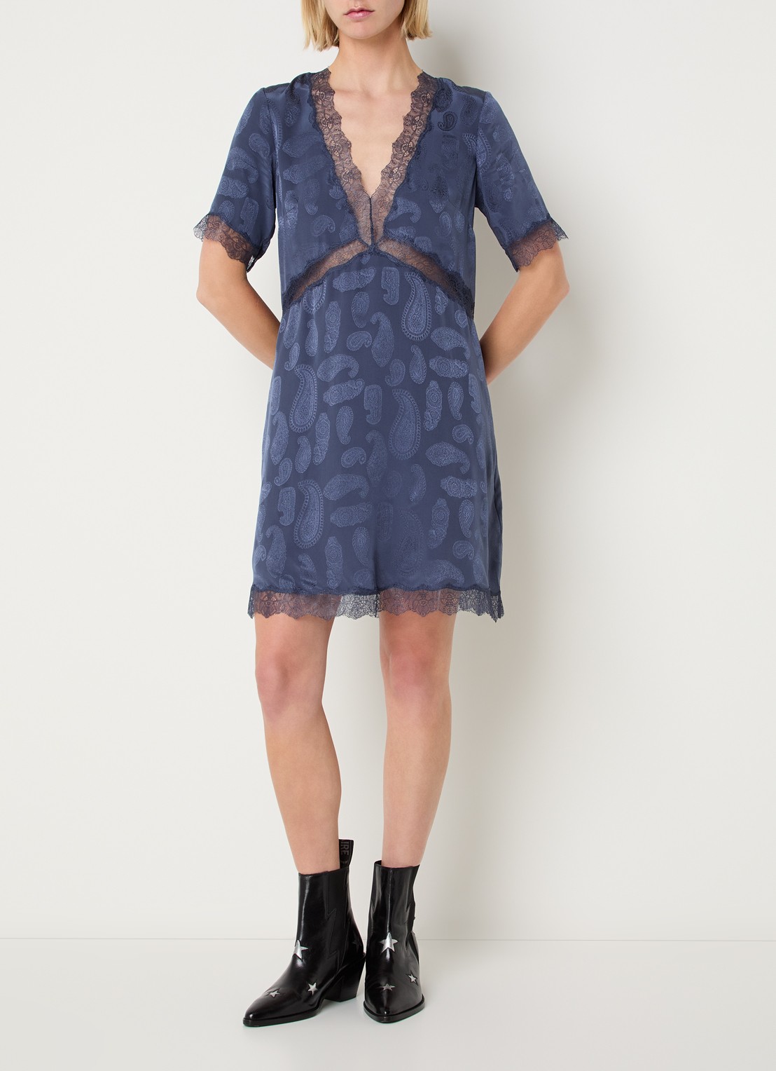 Zadig&Voltaire Redoxa mini tuniekjurk van zijde met details van kant - voorkant 4 royalblauw
