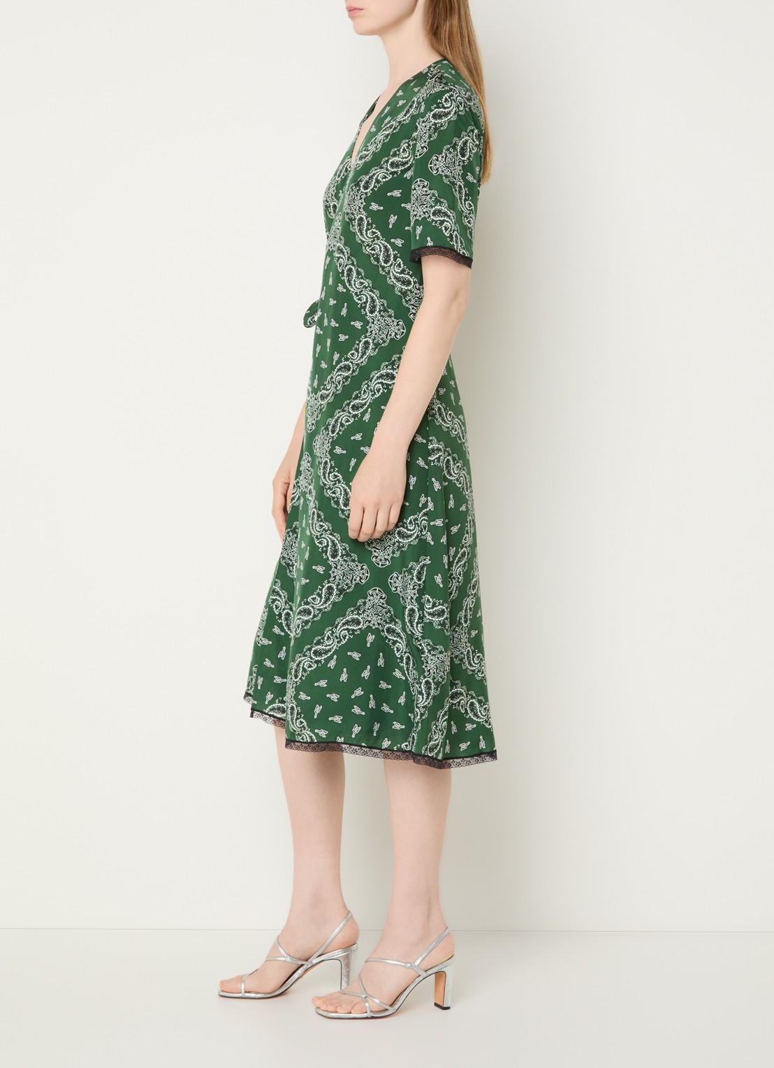 Zadig&Voltaire Reforme midi jurk met strikdetail en paisley dessin - voorkant 2 donkergroen