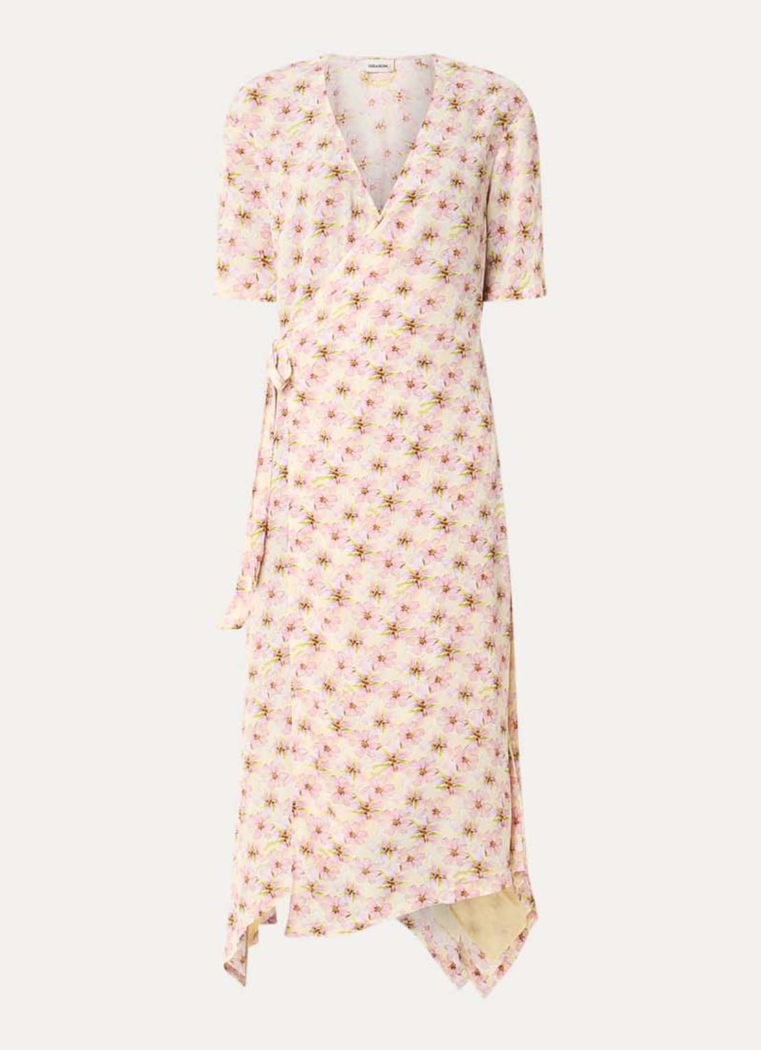 Zadig&Voltaire Reforme midi wikkeljurk met bloemenprint - voorkant 2 lichtgeel