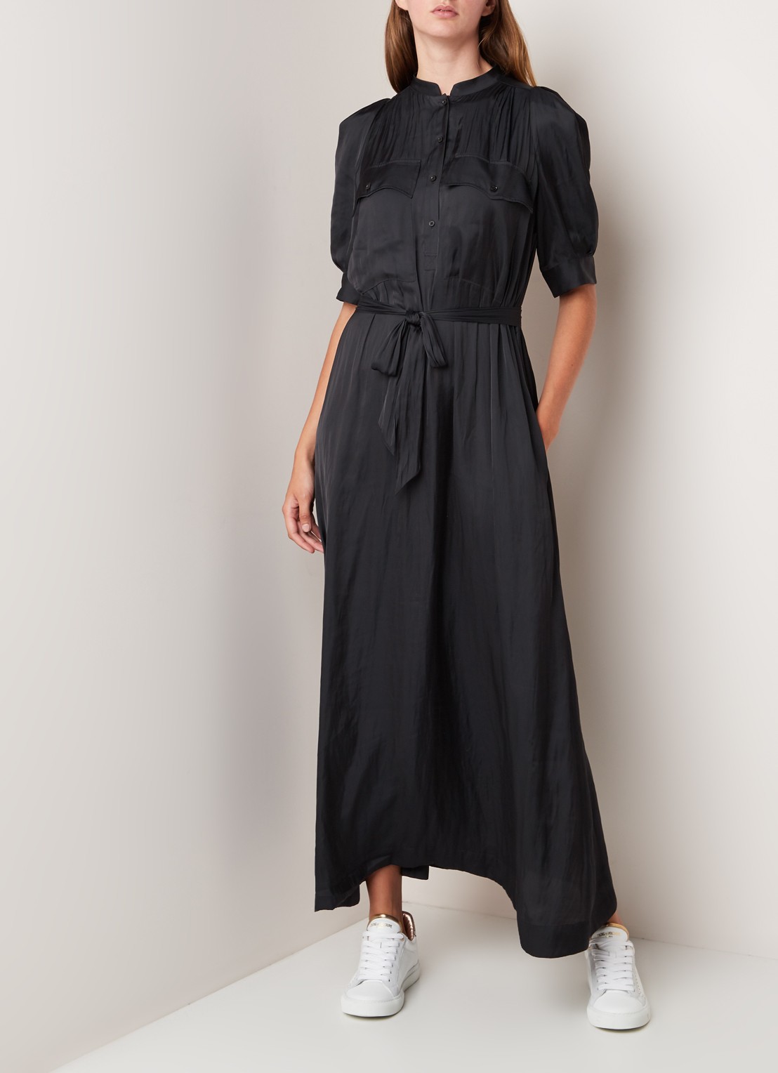 Zadig&Voltaire Remedy maxi jurk van satijn met strikceintuur - voorkant 3 zwart