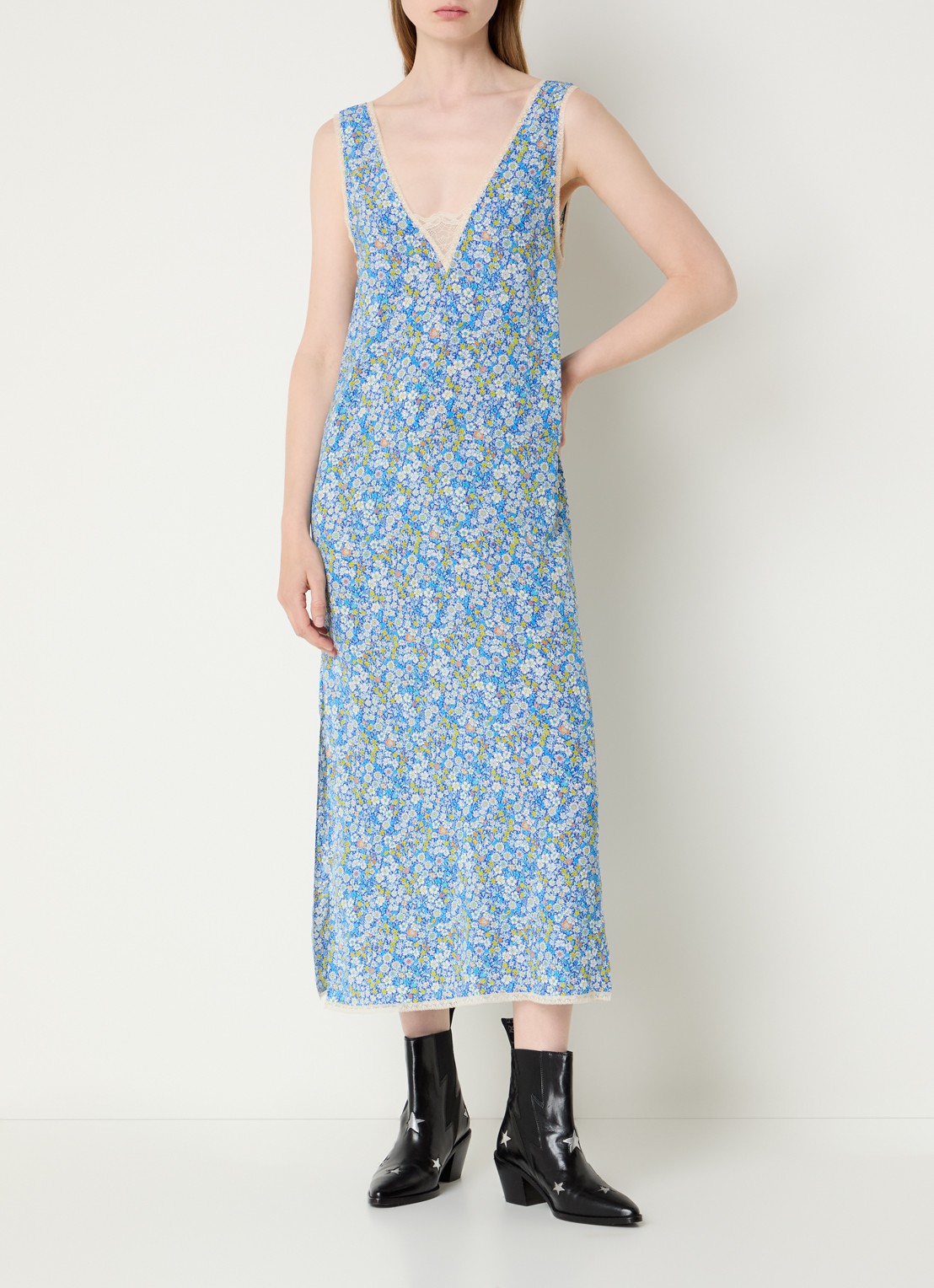 Zadig&Voltaire Renzo midi jurk met bloemenprint en details van kant  - detail 2 blauw