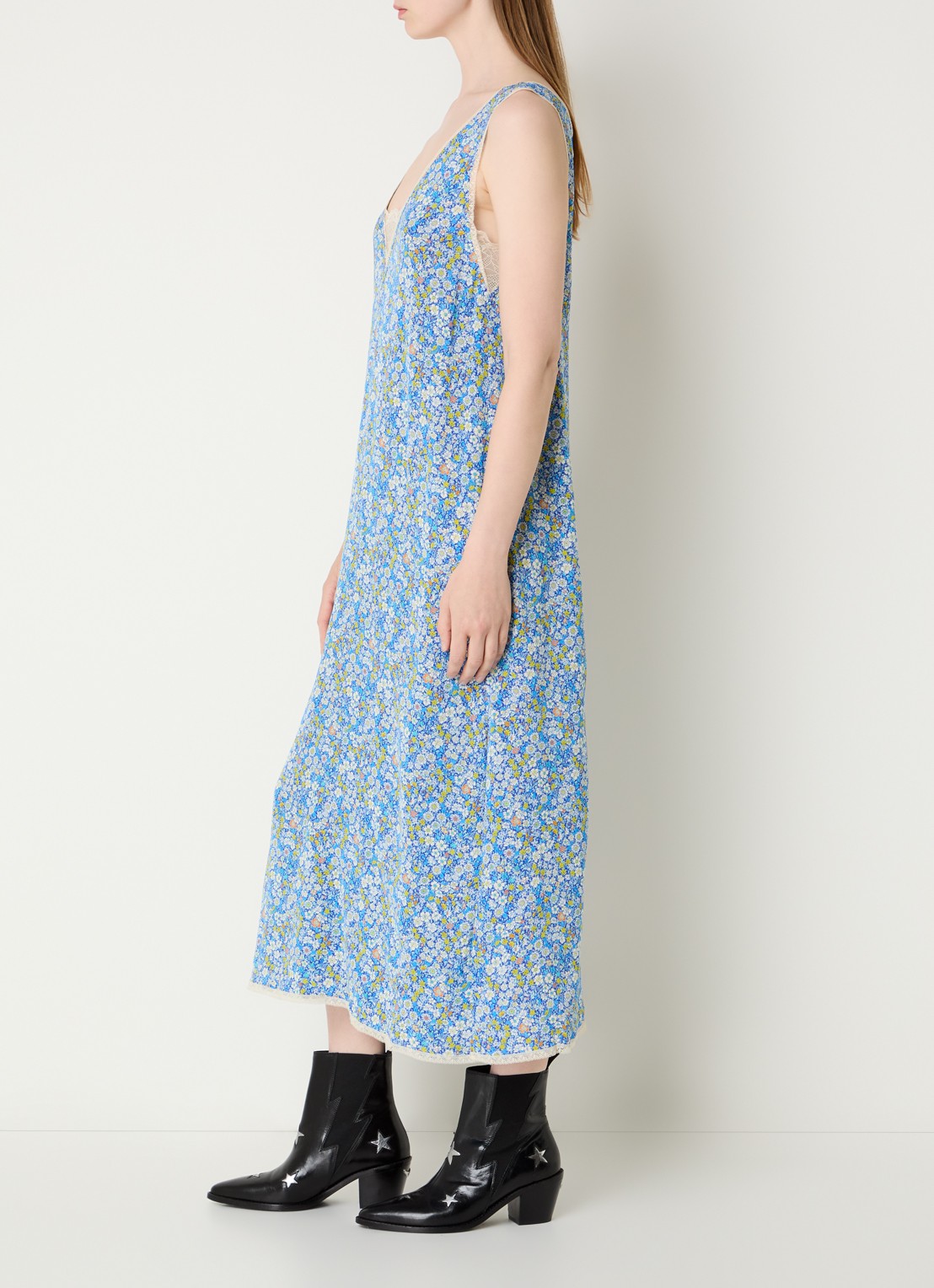 Zadig&Voltaire Renzo midi jurk met bloemenprint en details van kant  - voorkant 4 blauw