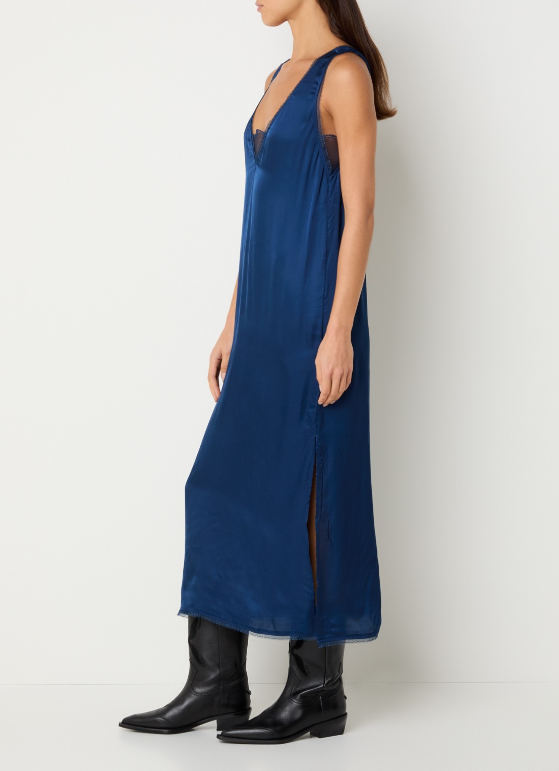 Zadig&Voltaire Renzo midi jurk van satijn met details van kant - voorkant 4 indigo
