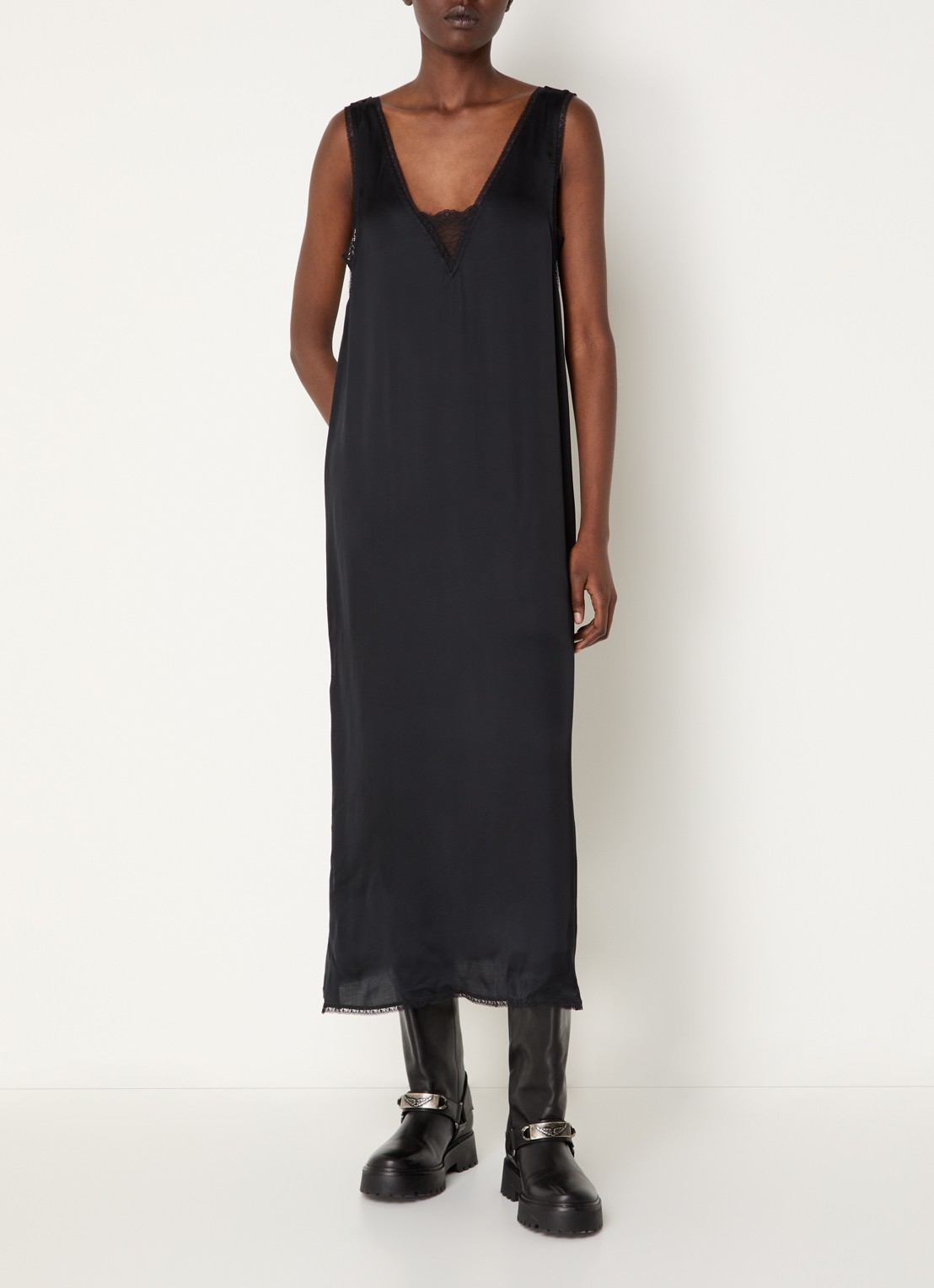 Zadig&Voltaire Renzo midi jurk van satijn met split  - detail zwart