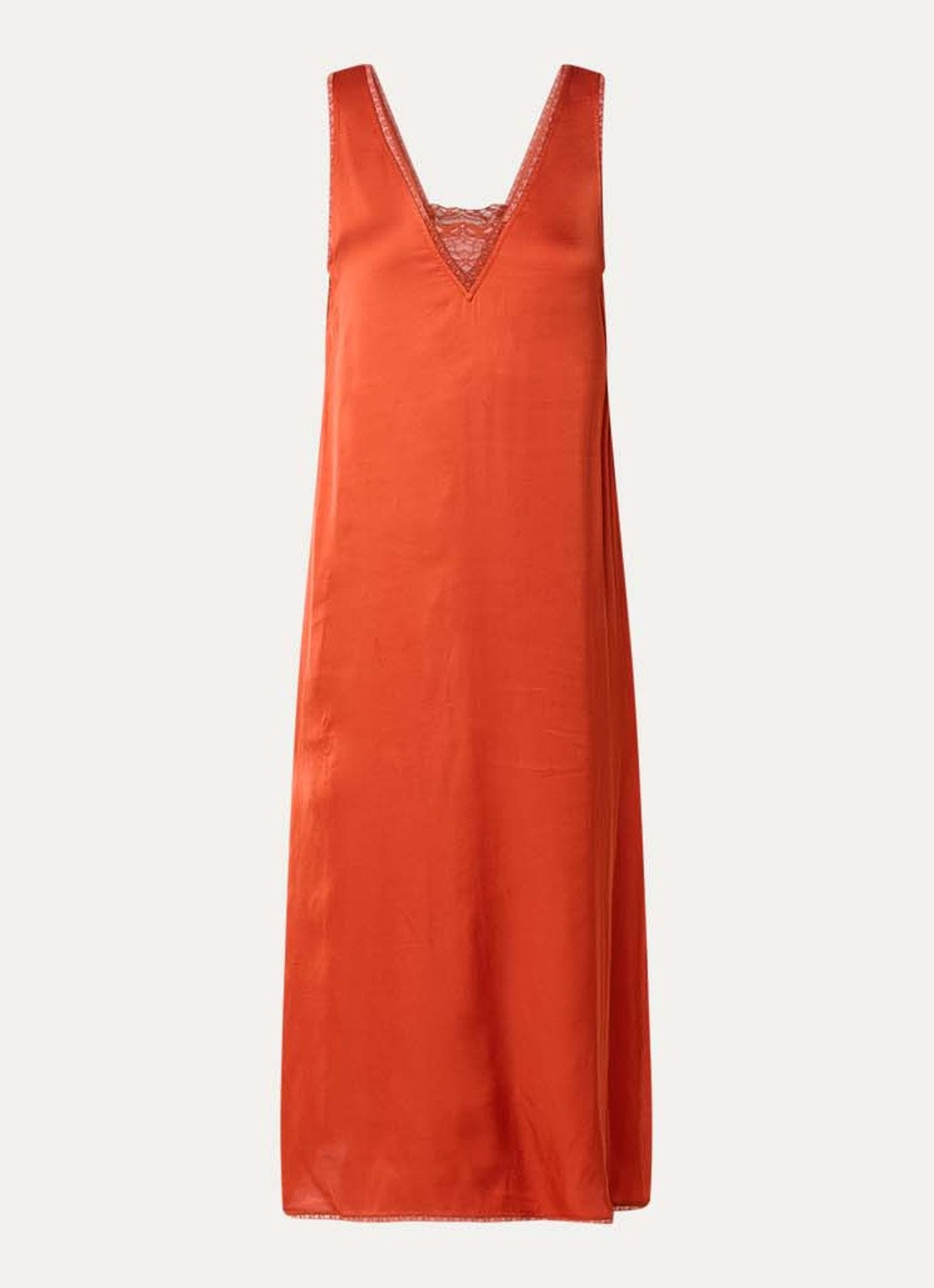Zadig&Voltaire Renzo midi jurk van satijn met split  - voorkant steenrood