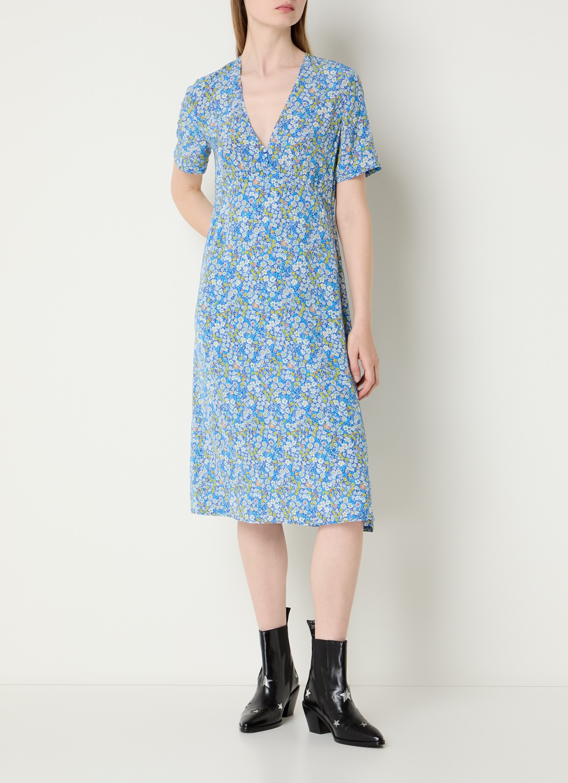 Zadig&Voltaire Rhodral midi jurk met bloemenprint en V-hals  - detail 3 blauw