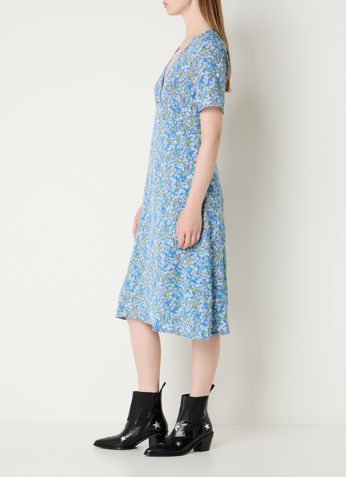 Zadig&Voltaire Rhodral midi jurk met bloemenprint en V-hals  - voorkant 2 blauw