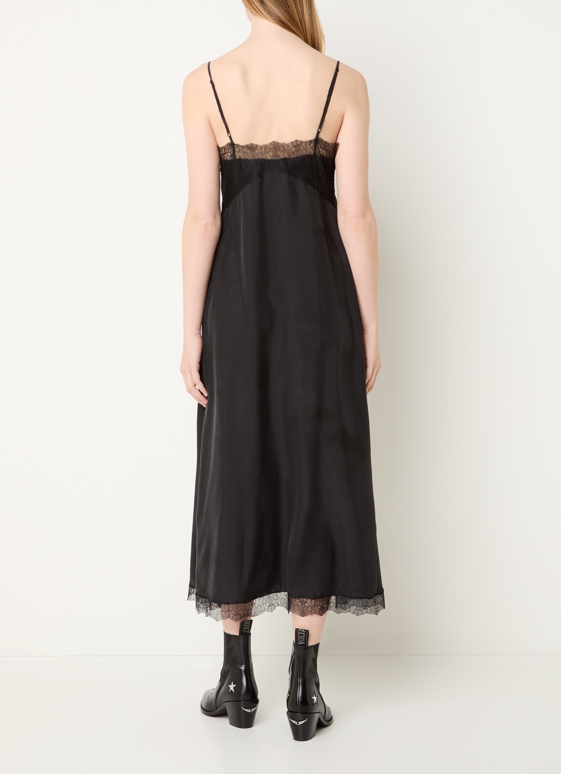 Zadig&Voltaire Ridar midi jurk van satijn met details van kant - achterkant zwart