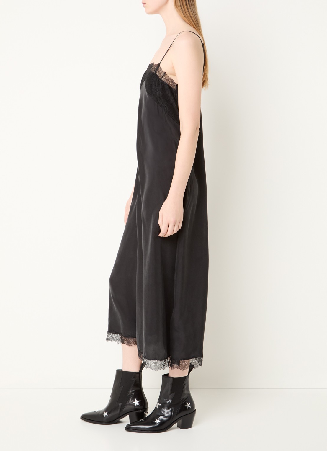 Zadig&Voltaire Ridar midi jurk van satijn met details van kant - voorkant 3 zwart