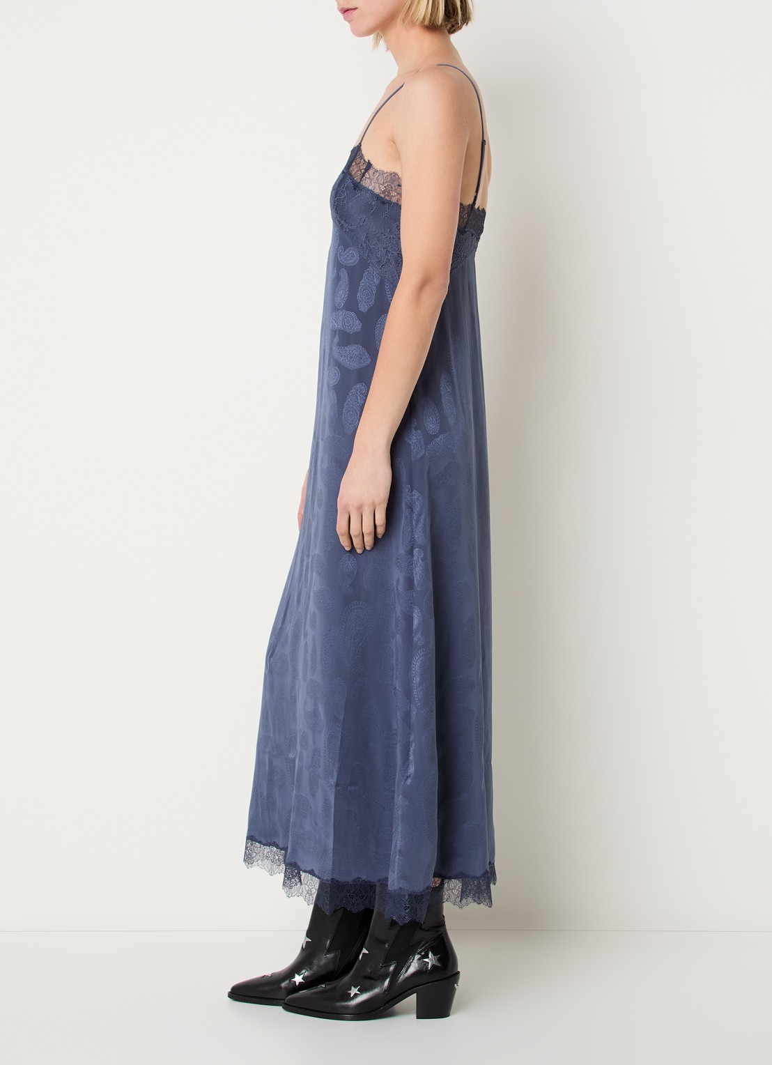 Zadig&Voltaire Ridar midi jurk van zijde met details van kant - voorkant 2 royalblauw