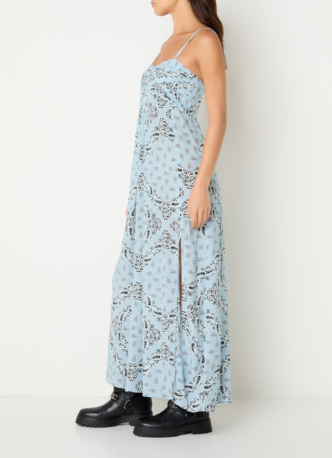 Zadig&Voltaire Rippie maxi jurk met logoprint  - voorkant 3 lichtblauw