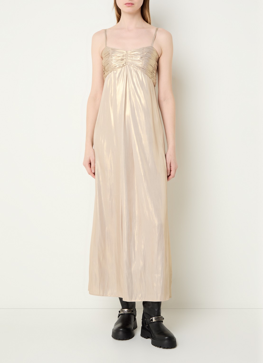 Zadig&Voltaire Rippie maxi jurk met smockwerk en metallic finish - detail 2 goud