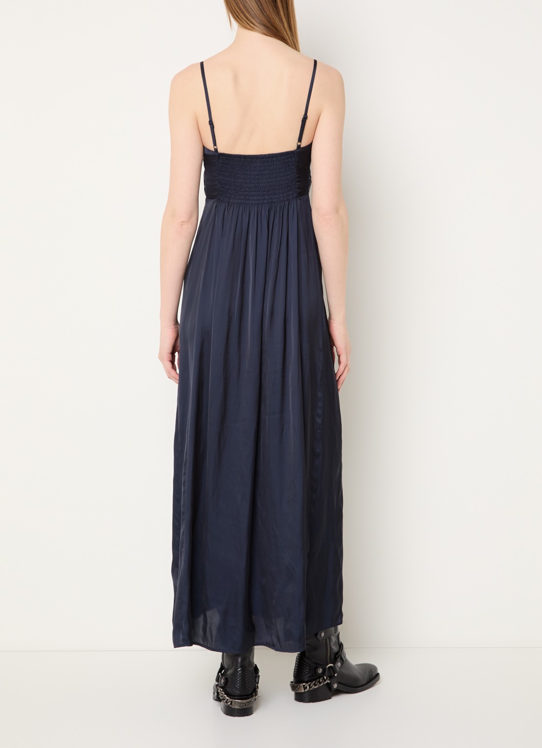 Zadig&Voltaire Rippie maxi jurk van satijn met split - achterkant 3 donkerblauw