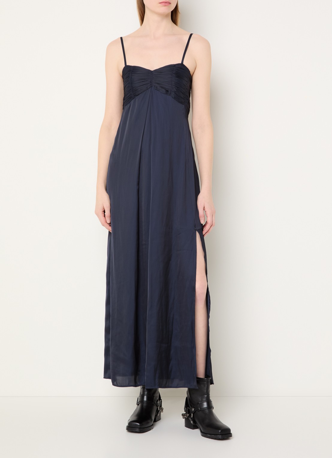Zadig&Voltaire Rippie maxi jurk van satijn met split - detail 4 donkerblauw