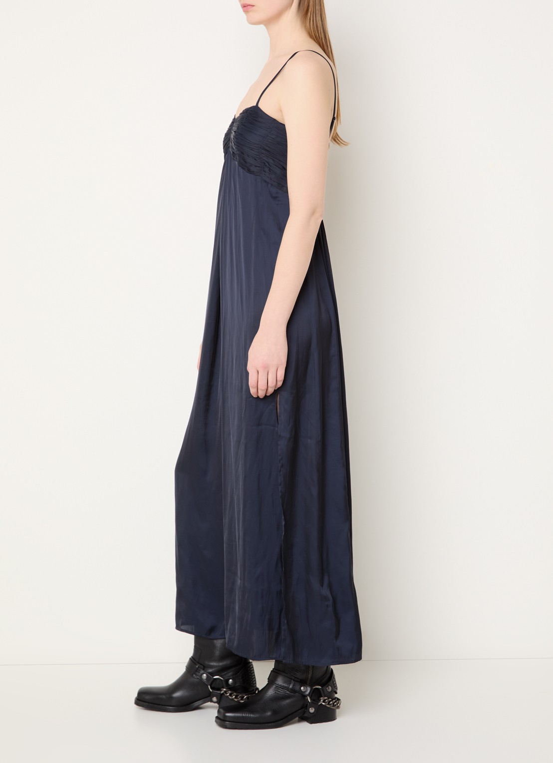 Zadig&Voltaire Rippie maxi jurk van satijn met split - voorkant 2 donkerblauw