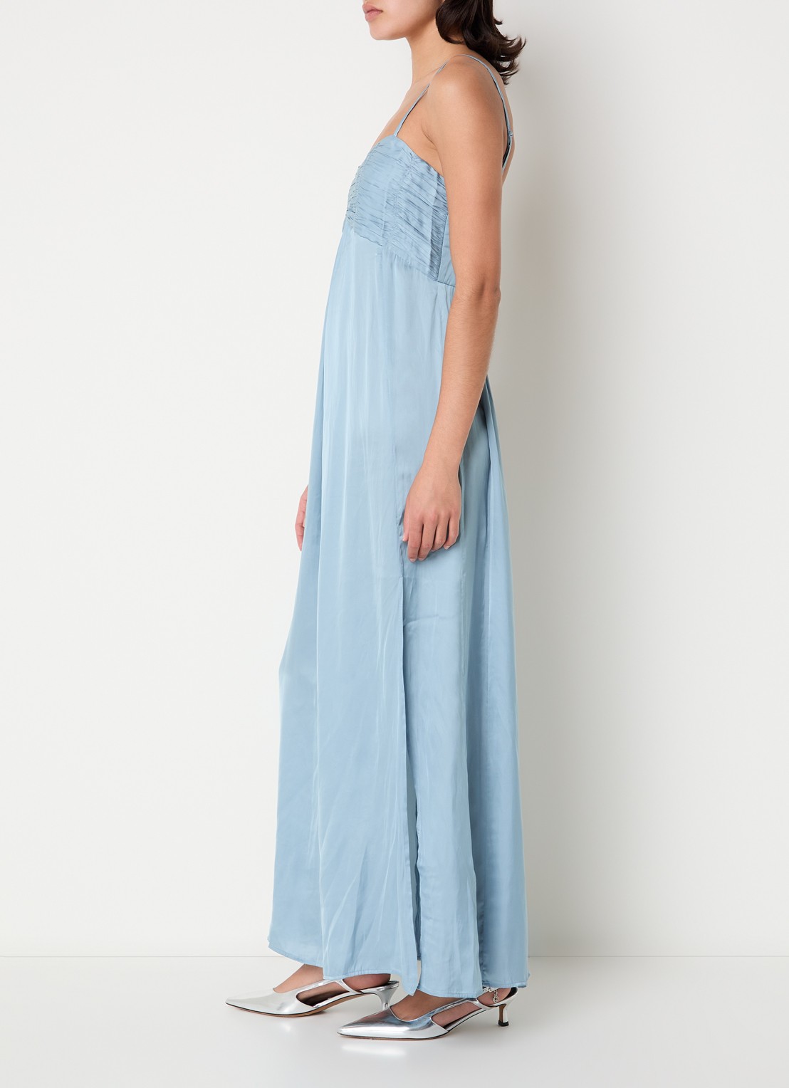 Zadig&Voltaire Rippie maxi jurk van satijn met split - voorkant 3 lichtblauw