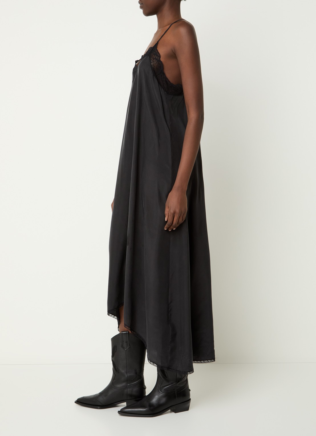 Zadig&Voltaire Risty midi A-lijn jurk van zijde met details van kant - voorkant 3 zwart