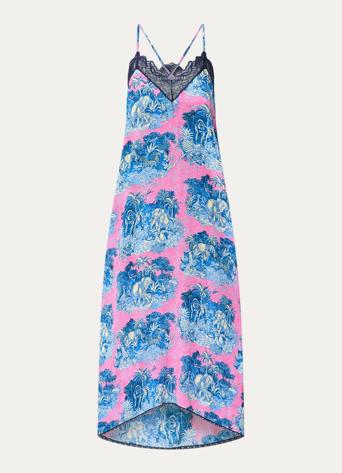 Zadig&Voltaire Risty midi jurk met print en details van kant - voorkant fuchsia