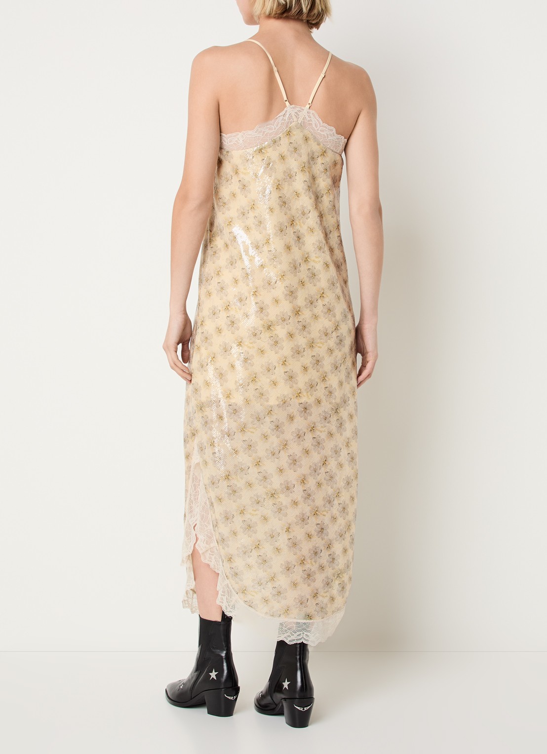Zadig&Voltaire Ristyl midi jurk met pailletten en details van kant - achterkant 3 lichtgeel