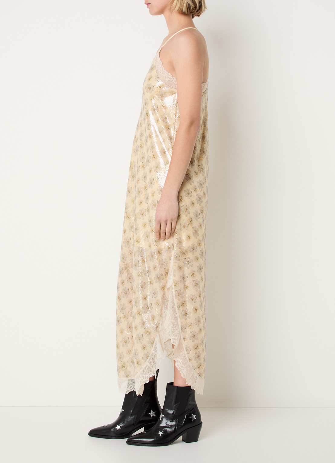 Zadig&Voltaire Ristyl midi jurk met pailletten en details van kant - voorkant 2 lichtgeel
