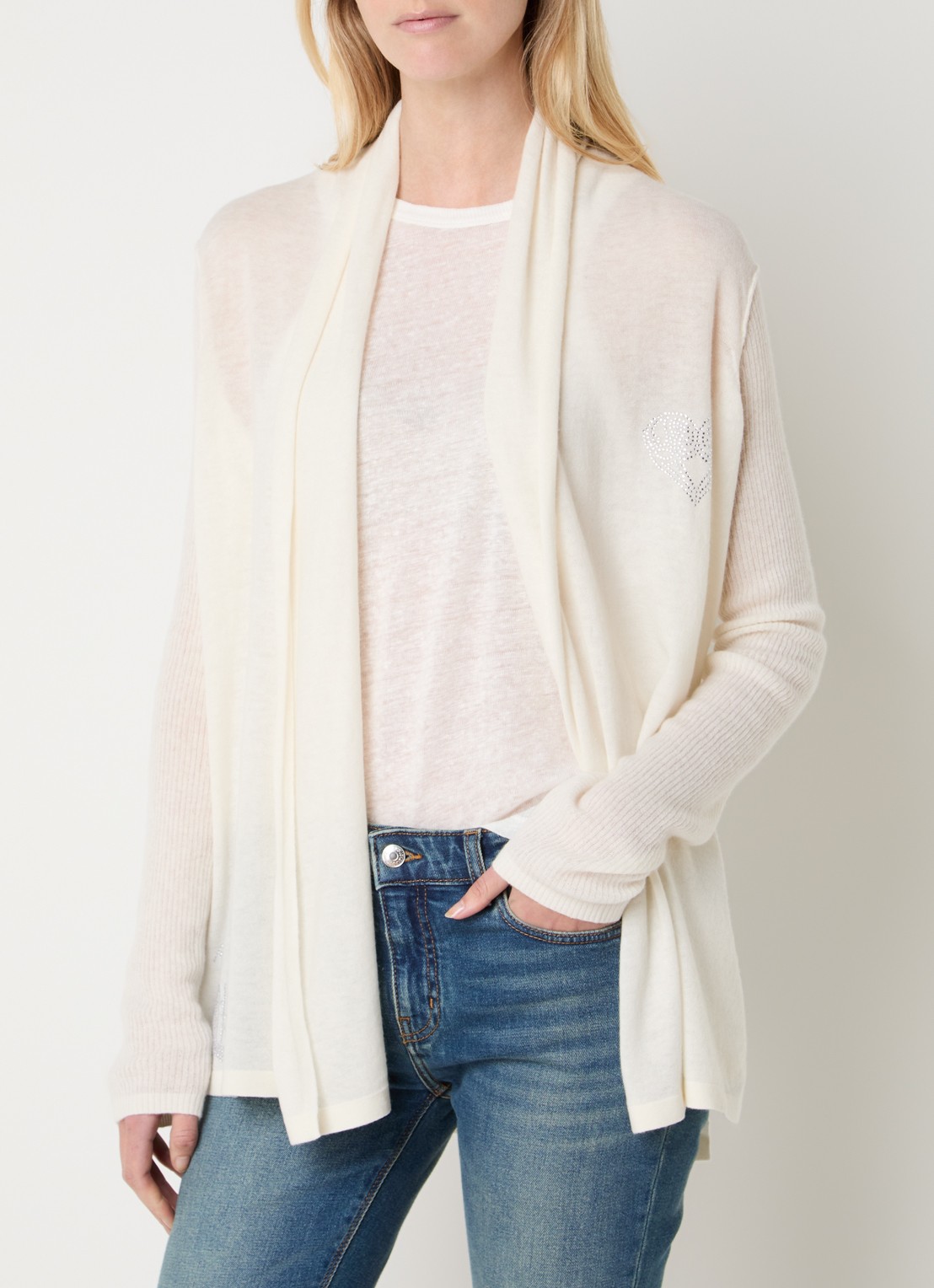 Zadig&Voltaire Robyn openvallend vest van kasjmier - detail vanillegeel