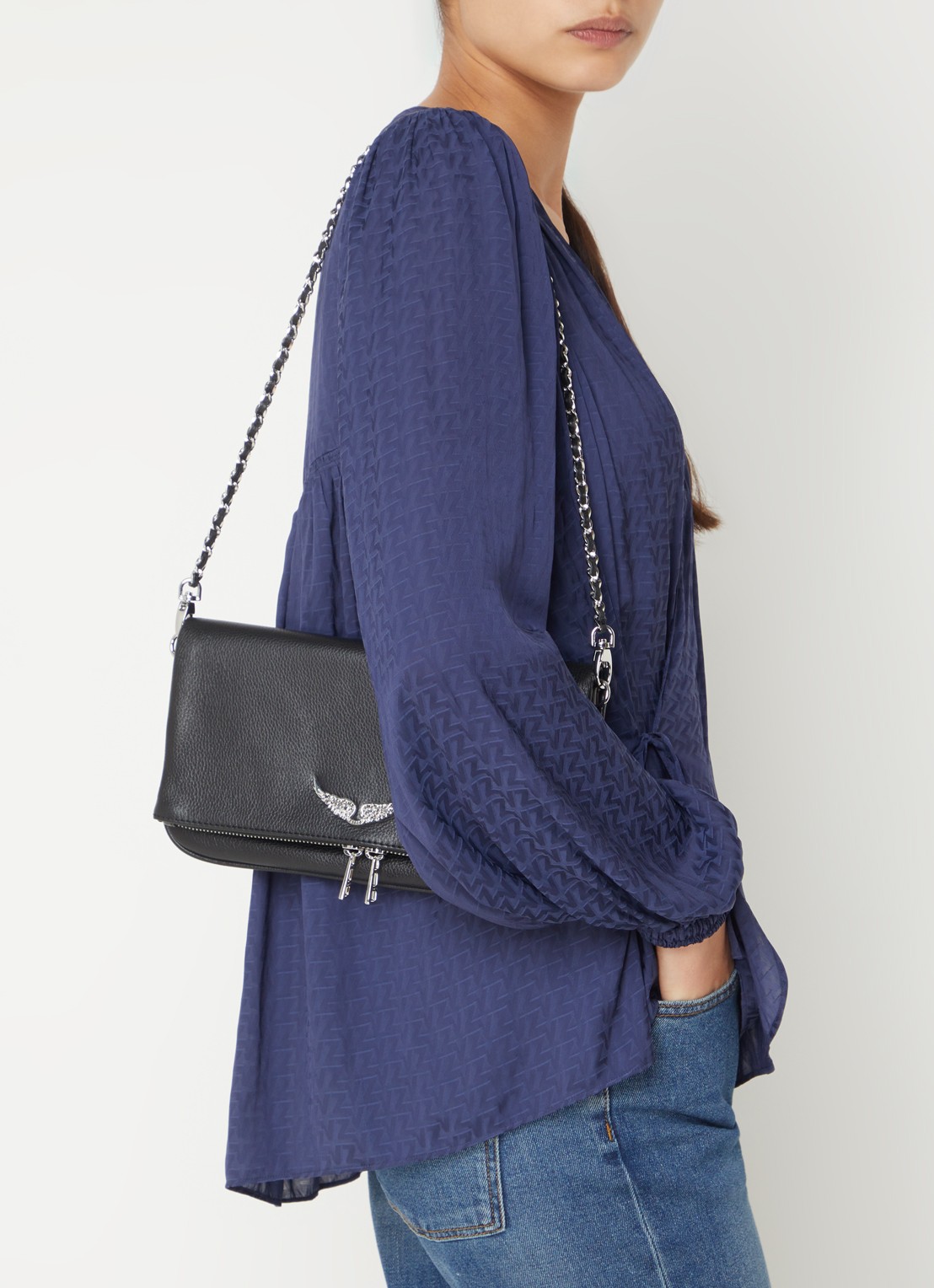 Zadig&Voltaire Rock clutch van leer met afneembare schouderriem  - voorkant 4 zwart