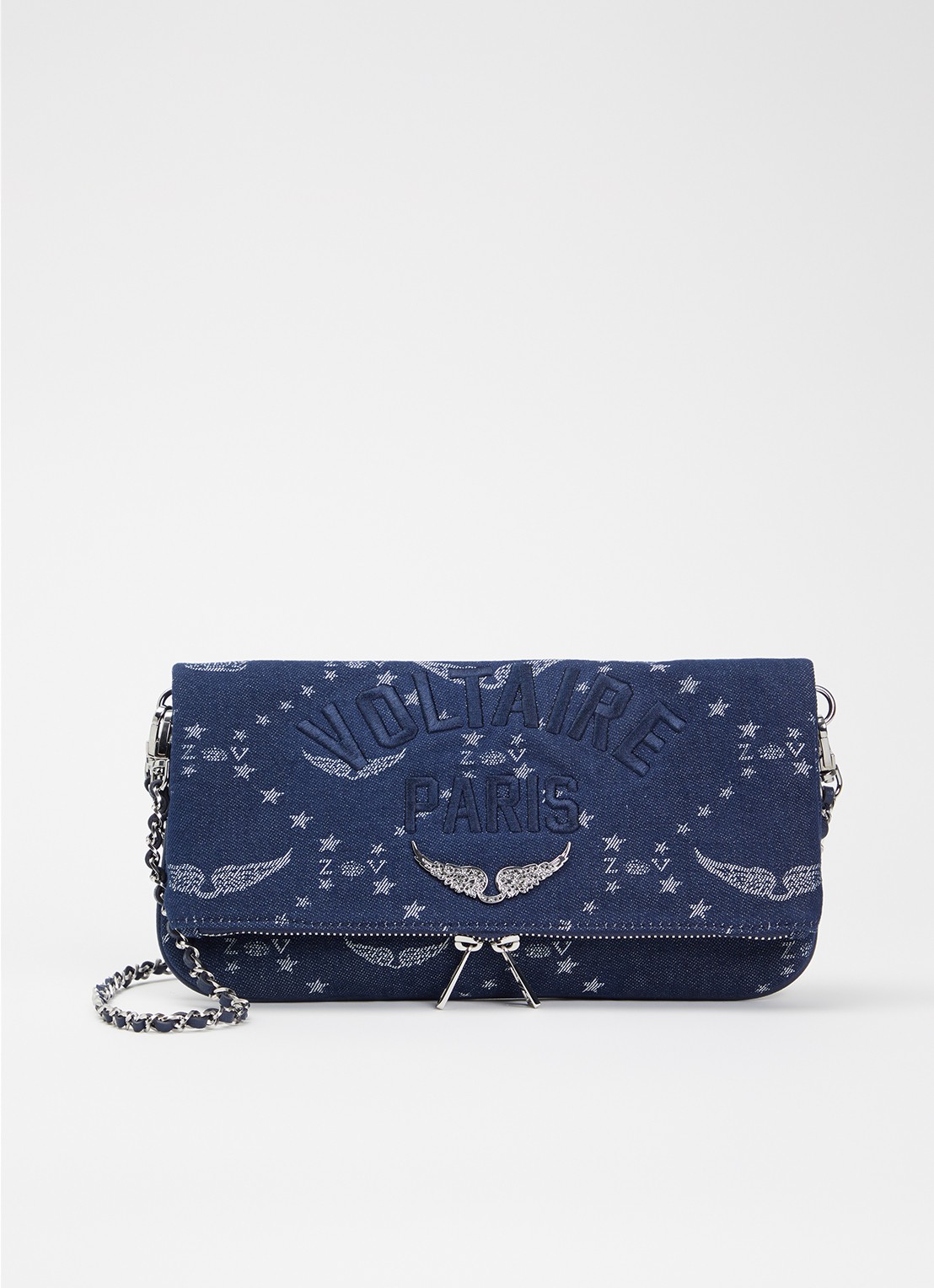 Zadig&Voltaire Rock Denim Monogram clutch met afneembare schouderriem  - voorkant 2 donkerblauw