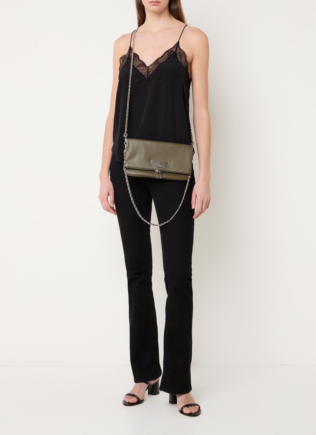 Zadig&Voltaire Rock Grained clutch van leer met afneembare schouderriem - voorkant 3 legergroen
