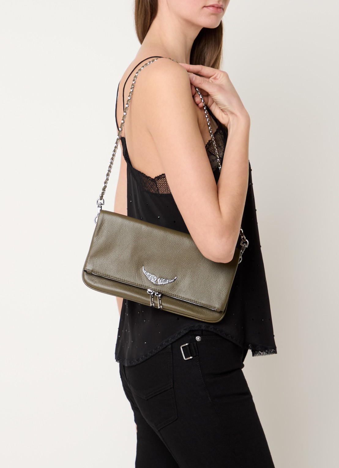 Zadig&Voltaire Rock Grained clutch van leer met afneembare schouderriem - voorkant 4 legergroen