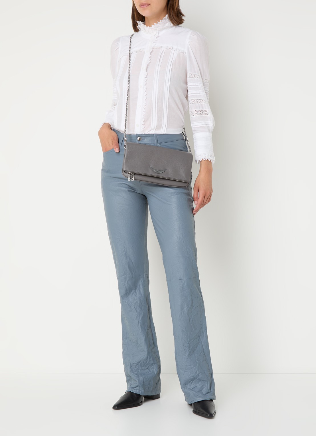 Zadig&Voltaire Rock Grained clutch van leer met afneembare schouderriem - voorkant 2 grijs