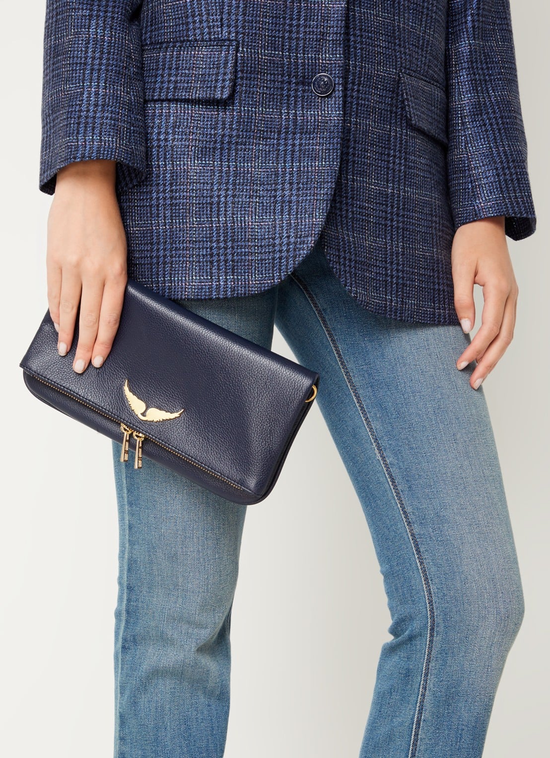 Zadig&Voltaire Rock Grained clutch van leer met afneembare schouderriem - voorkant 4 middenblauw