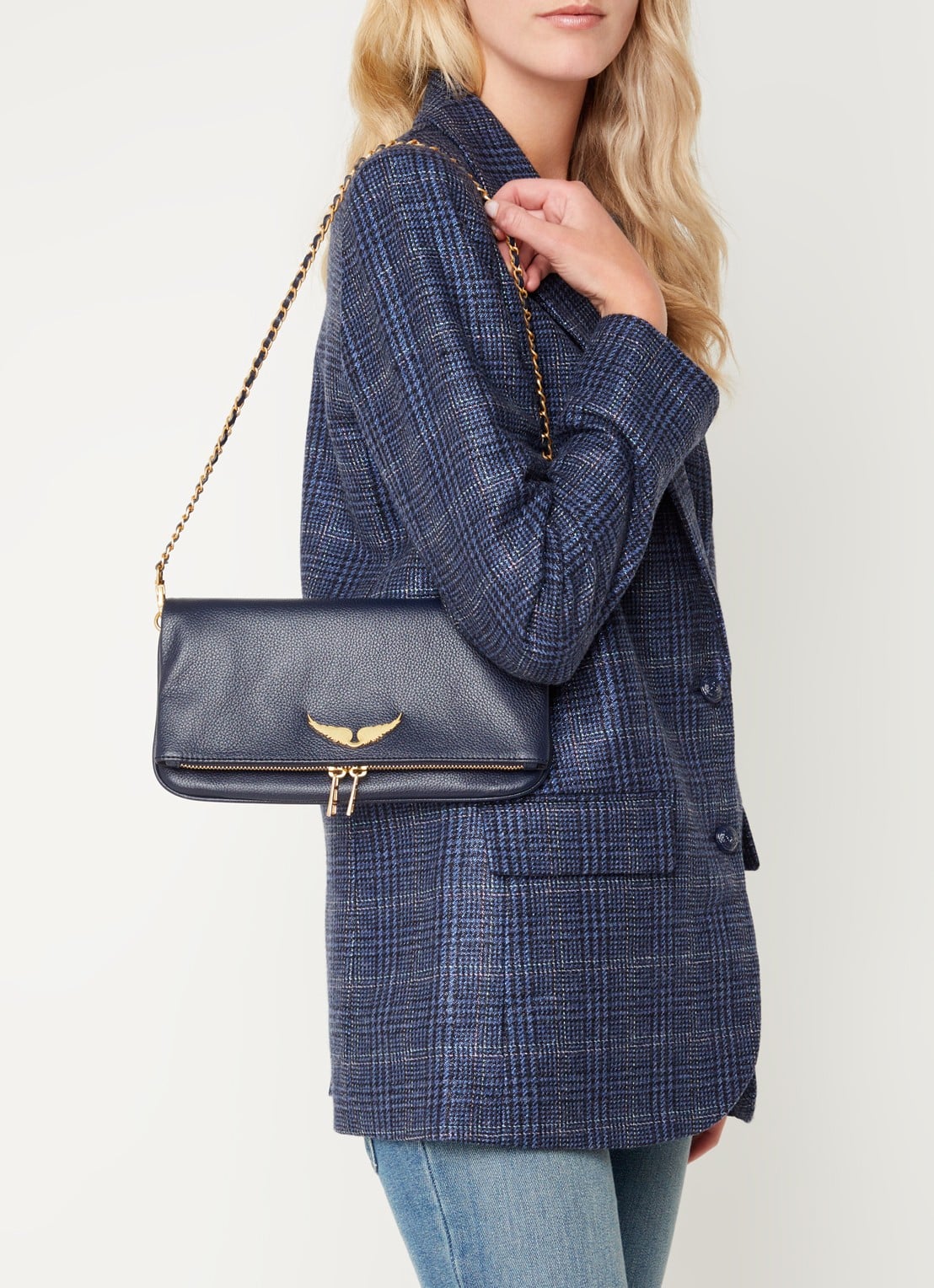 Zadig&Voltaire Rock Grained clutch van leer met afneembare schouderriem - voorkant 5 middenblauw