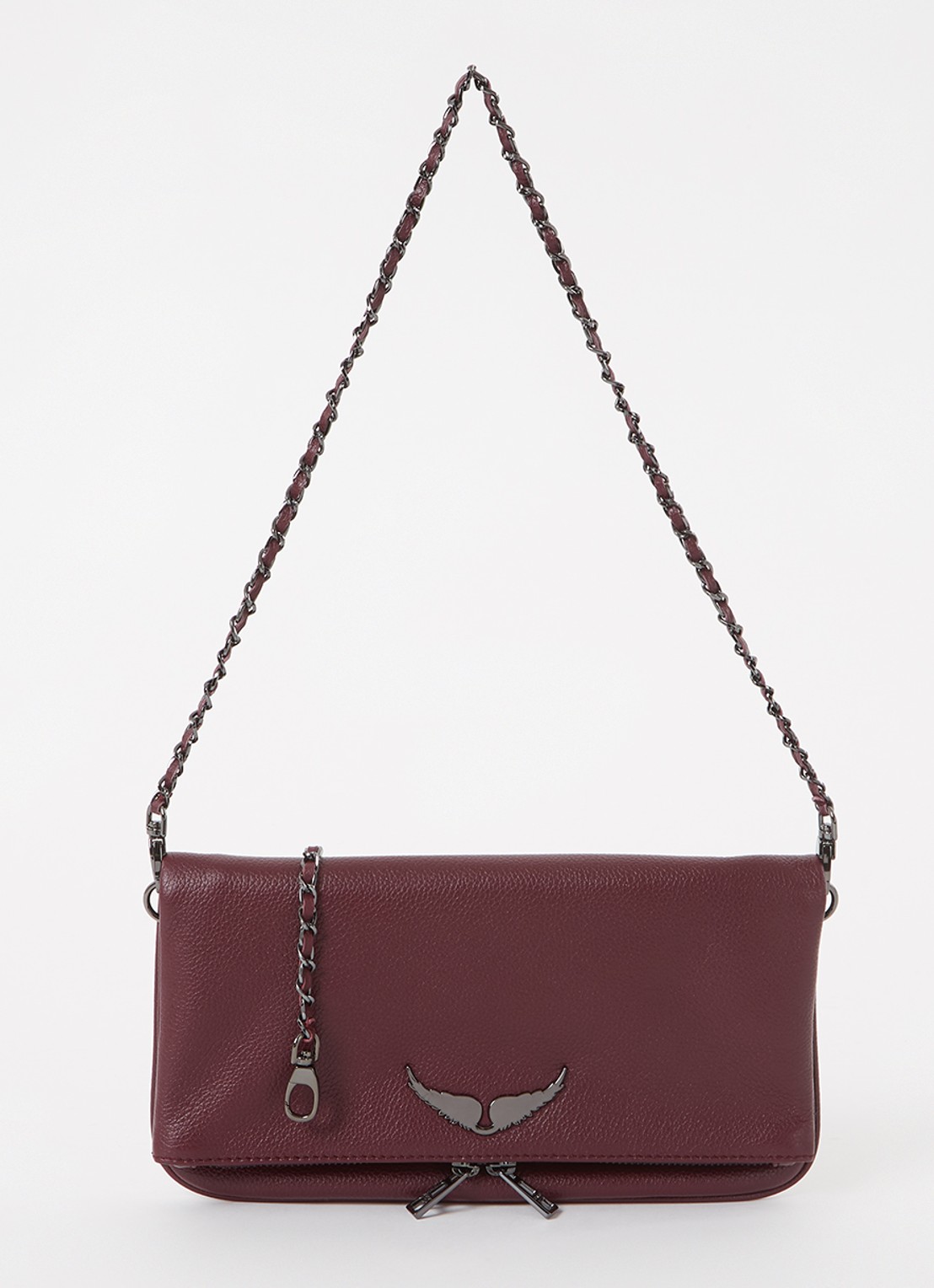 Zadig&Voltaire Rock Grained clutch van leer met afneembare schouderriem - voorkant aubergine