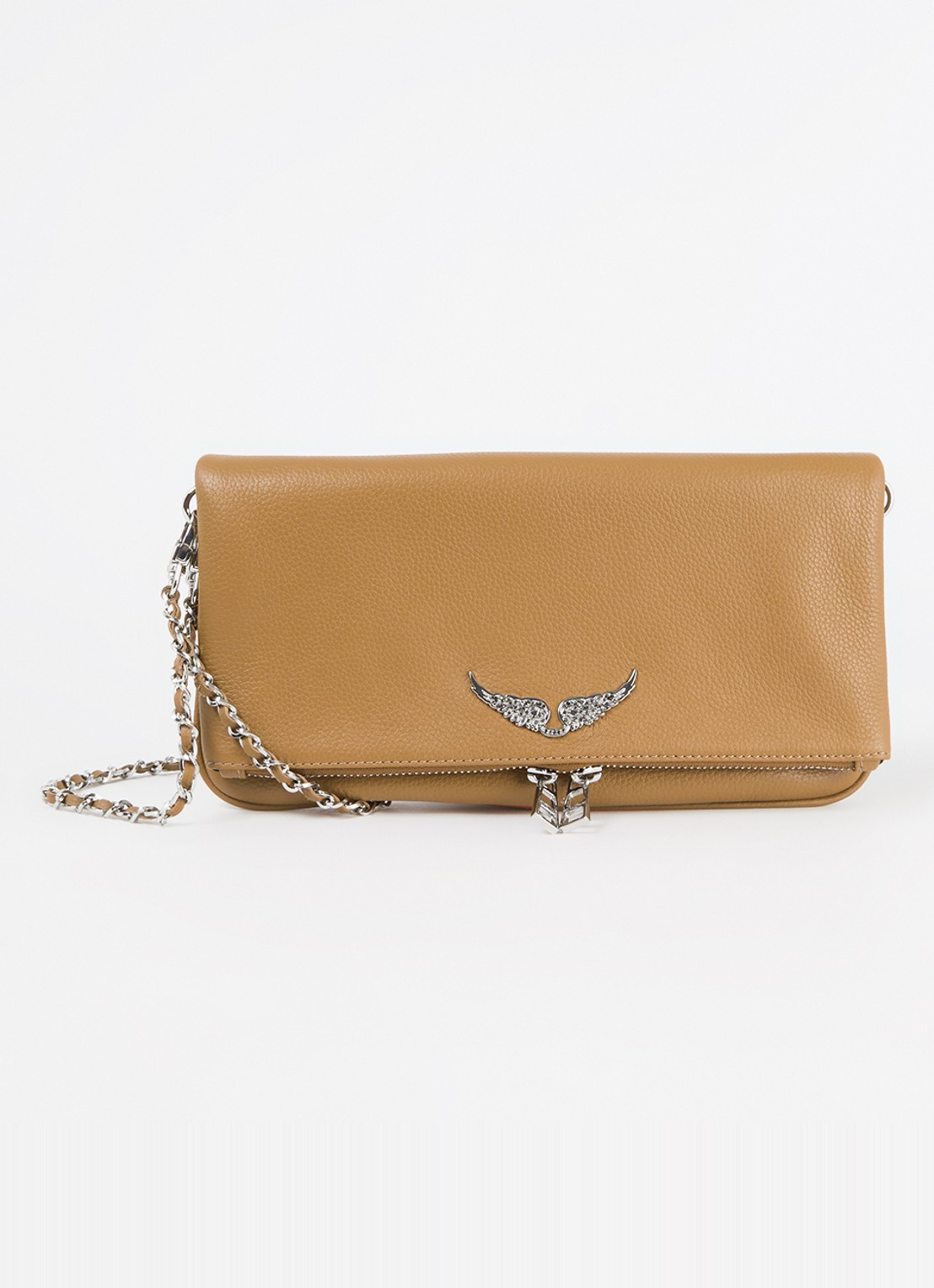 Zadig&Voltaire Rock Grained clutch van leer met afneembare schouderriem - voorkant 4 camel