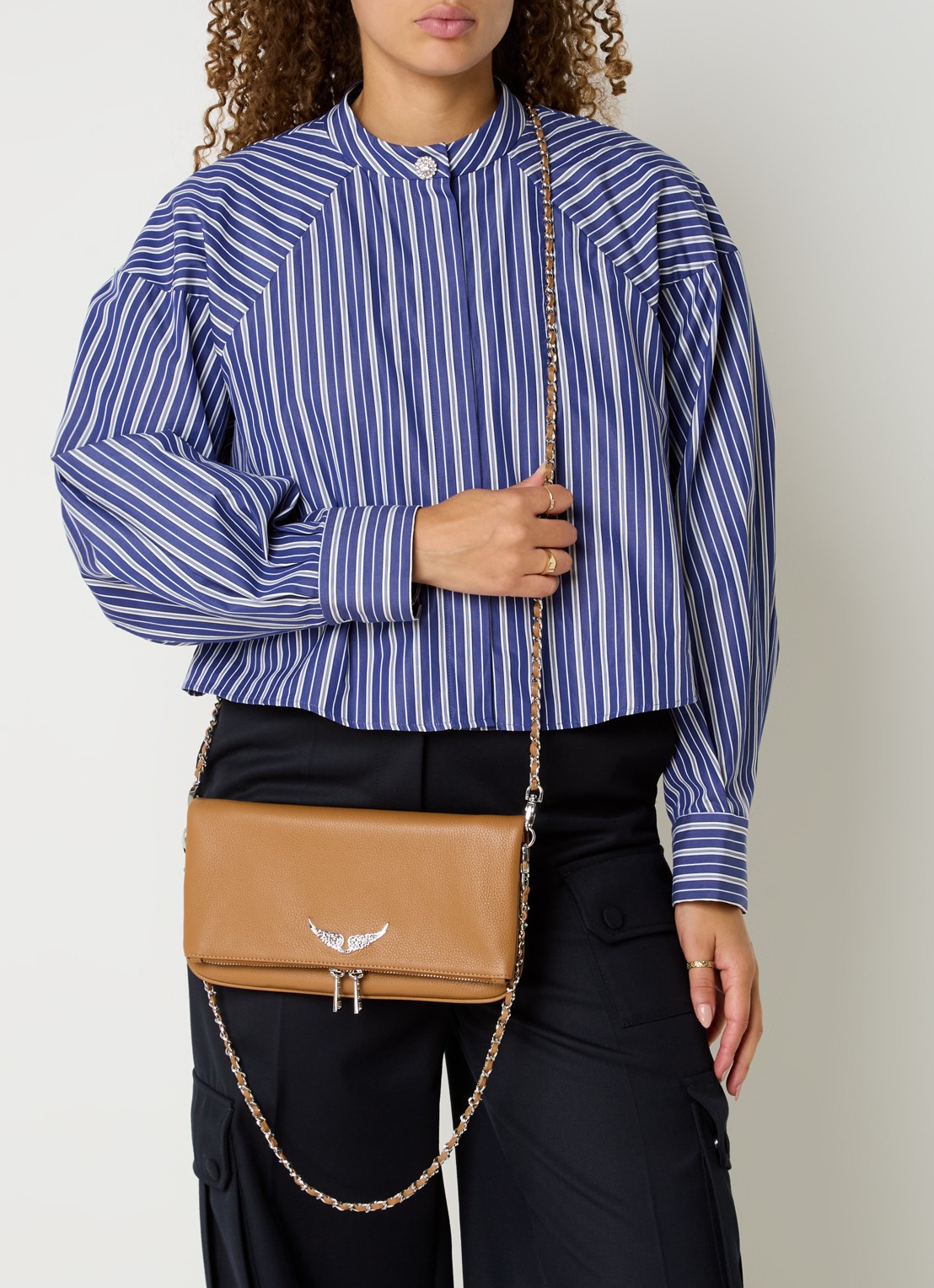 Zadig&Voltaire Rock Grained clutch van leer met afneembare schouderriem - voorkant 6 camel