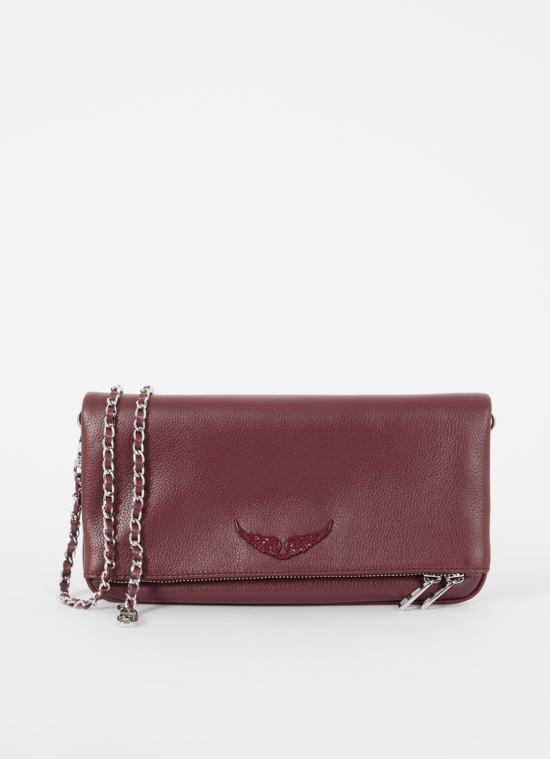 Zadig&Voltaire Rock Grained clutch van leer met afneembare schouderriem - voorkant bordeauxrood