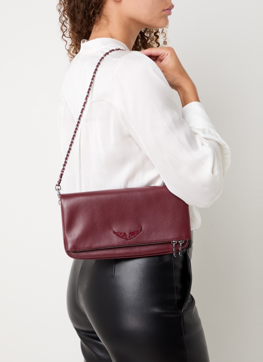 Zadig&Voltaire Rock Grained clutch van leer met afneembare schouderriem - voorkant 3 bordeauxrood