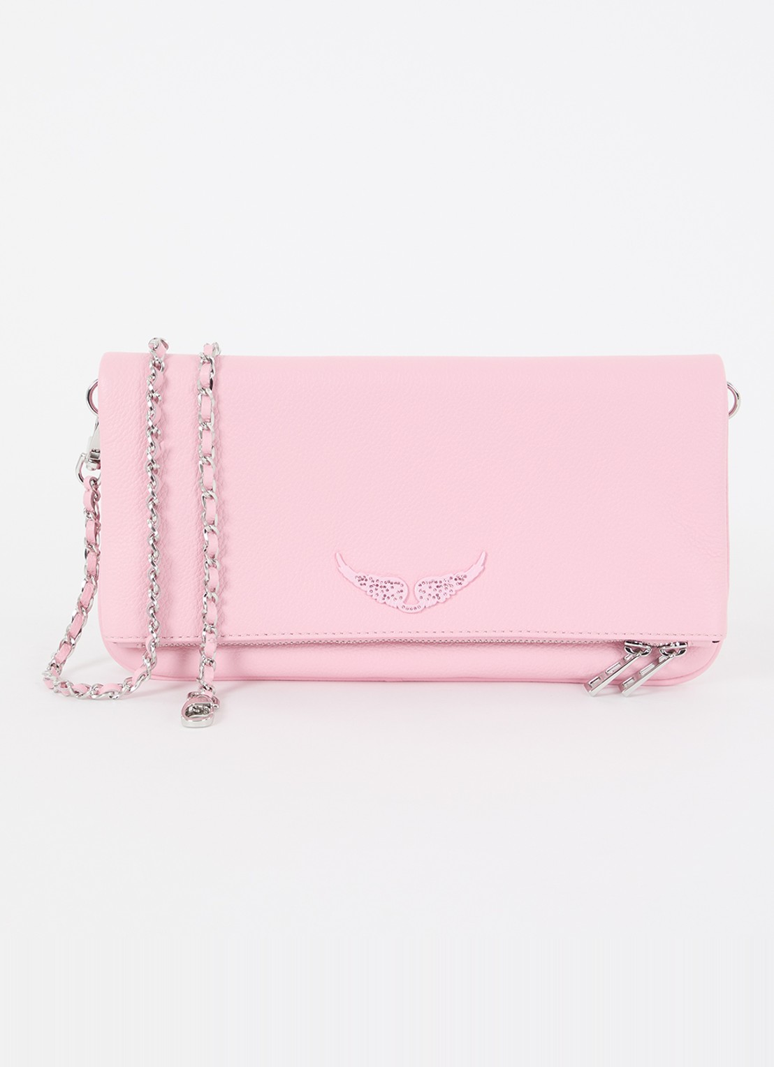 Zadig&Voltaire Rock Grained clutch van leer met afneembare schouderriem - voorkant 4 roze