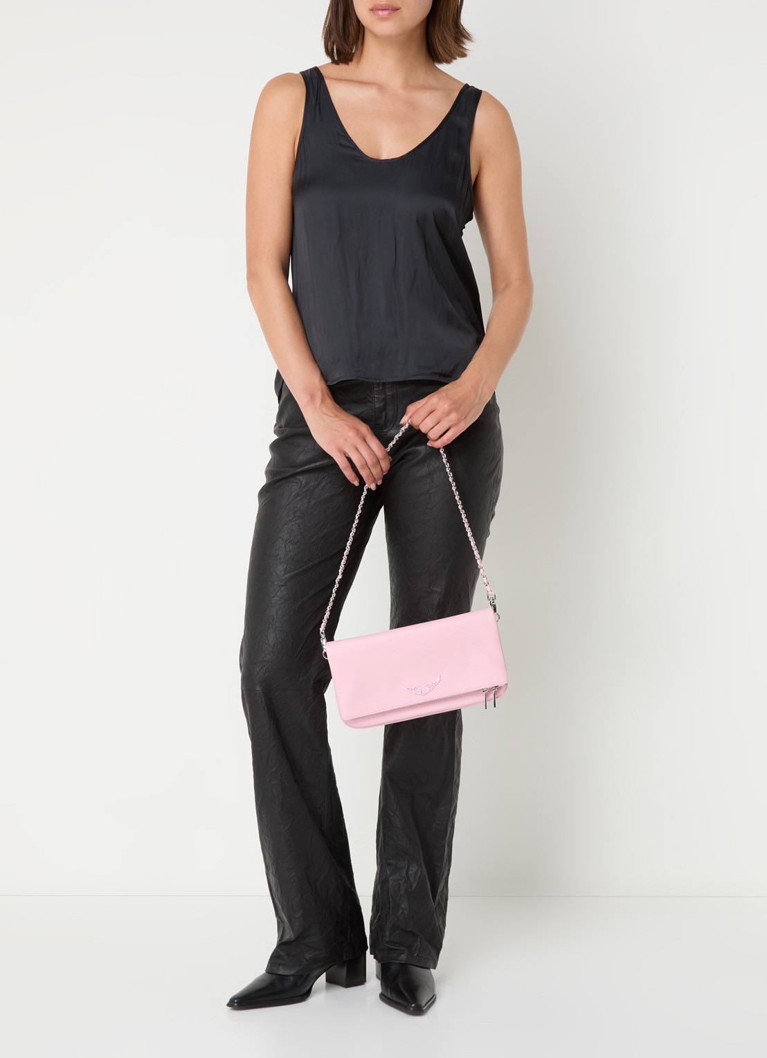 Zadig&Voltaire Rock Grained clutch van leer met afneembare schouderriem - voorkant 5 roze