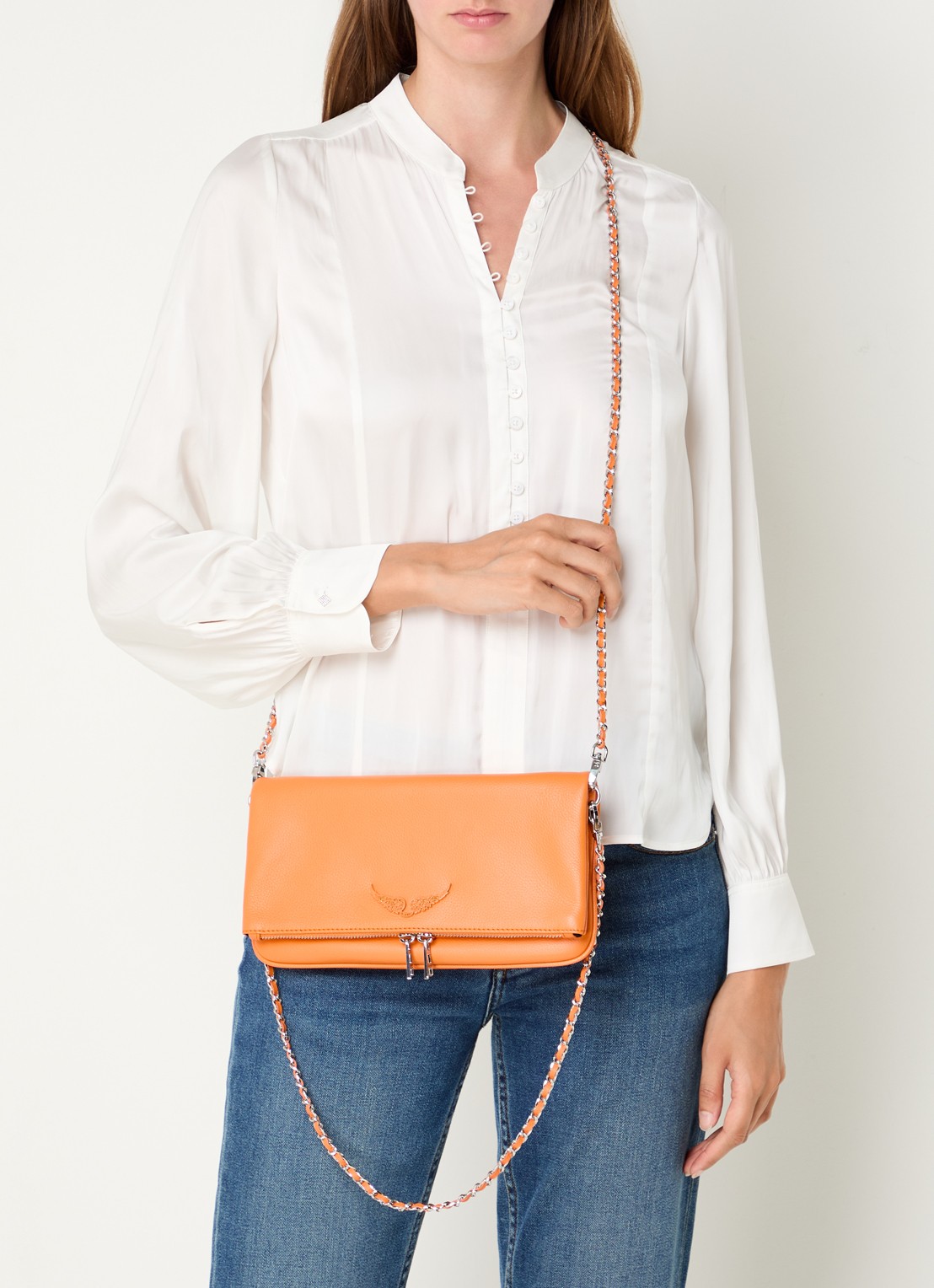 Zadig&Voltaire Rock Grained clutch van leer met afneembare schouderriem - voorkant 2 oranje