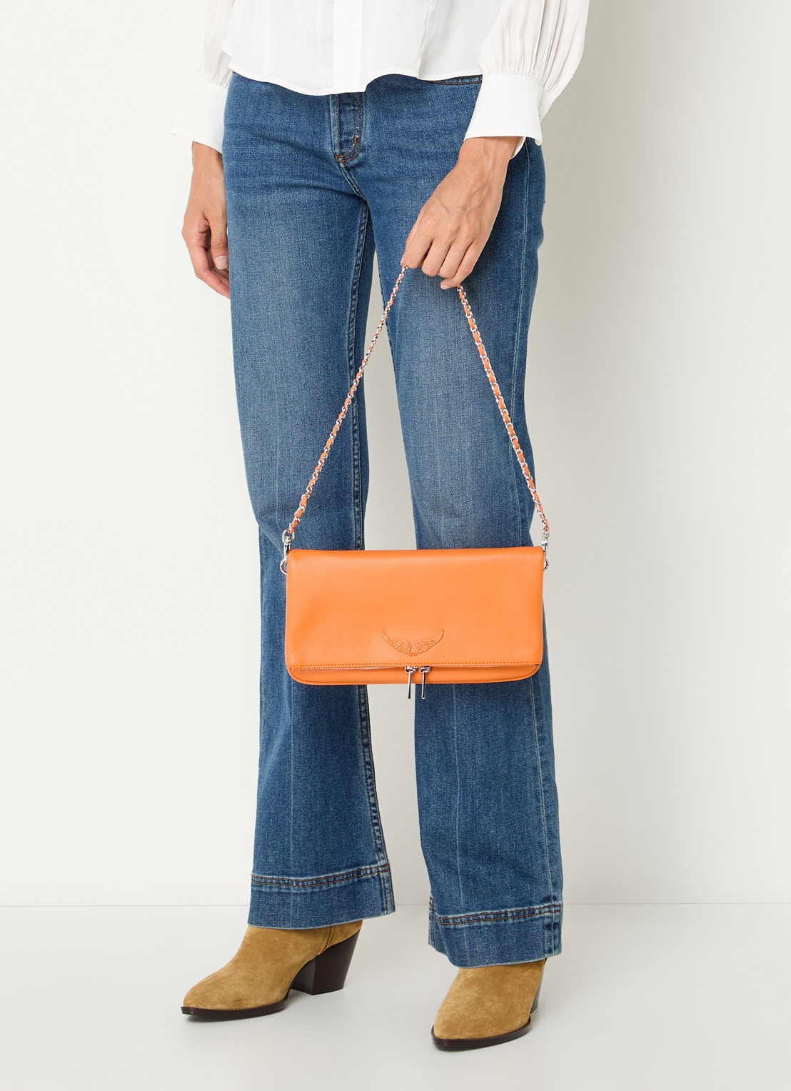 Zadig&Voltaire Rock Grained clutch van leer met afneembare schouderriem - voorkant 3 oranje