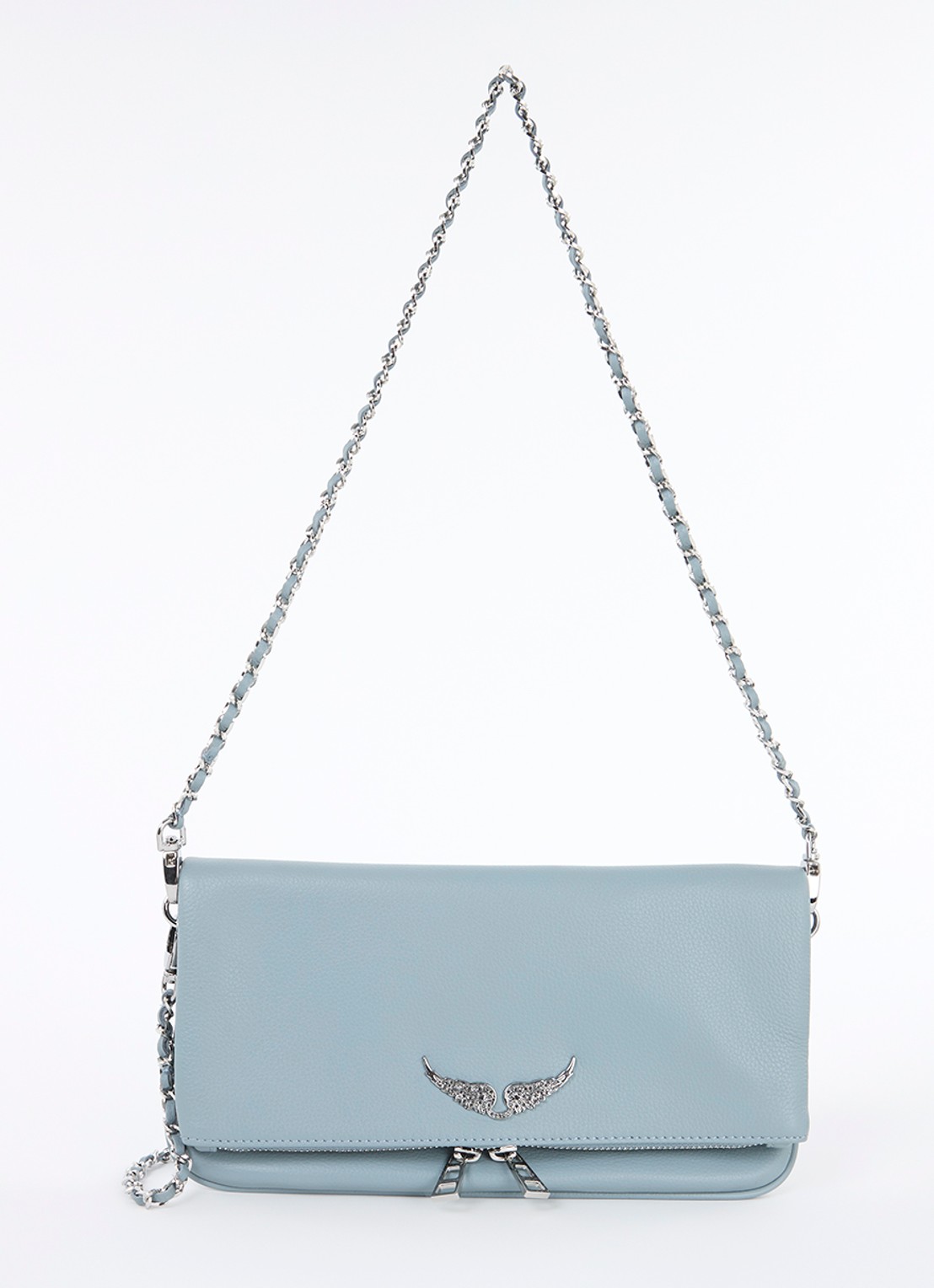 Zadig&Voltaire Rock Grained clutch van leer met afneembare schouderriem - voorkant 4 lichtblauw