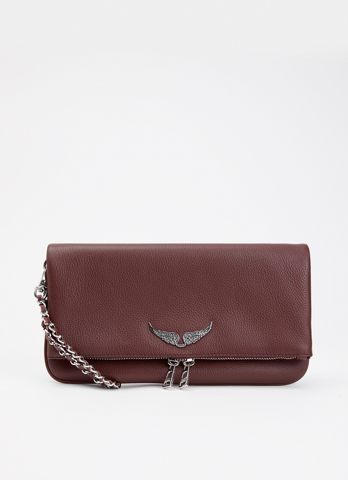 Zadig&Voltaire Rock Grained clutch van leer met afneembare schouderriem - voorkant kastanjebruin