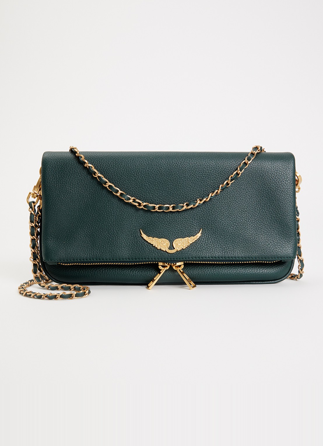 Zadig&Voltaire Rock Grained clutch van leer met afneembare schouderriem - voorkant 2 mosgroen