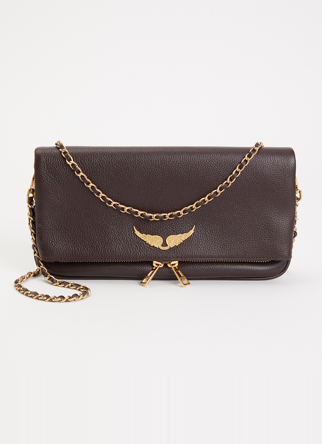 Zadig&Voltaire Rock Grained clutch van leer met afneembare schouderriem - voorkant 5 bruin